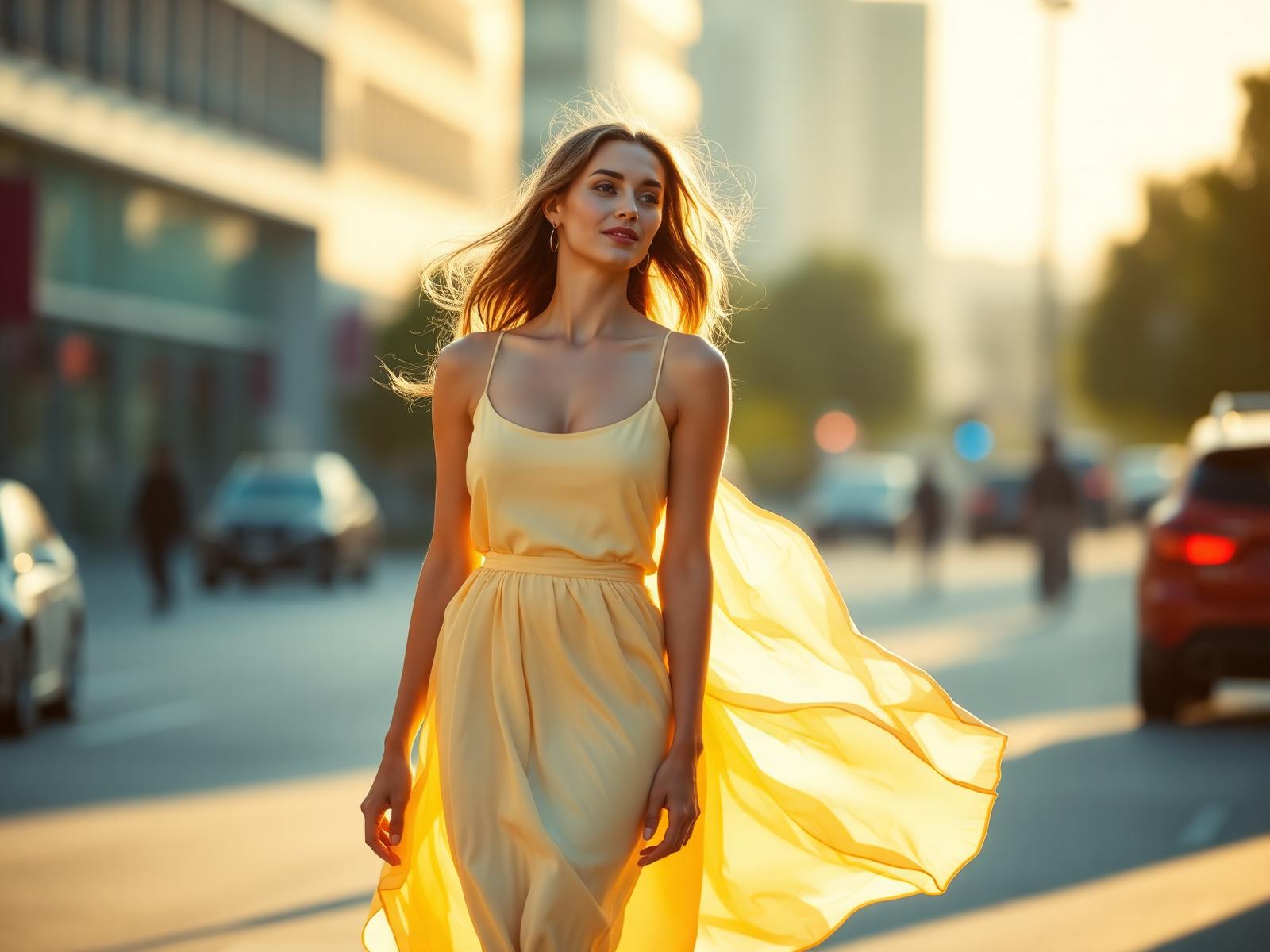 Stylish woman in flowing summer dress